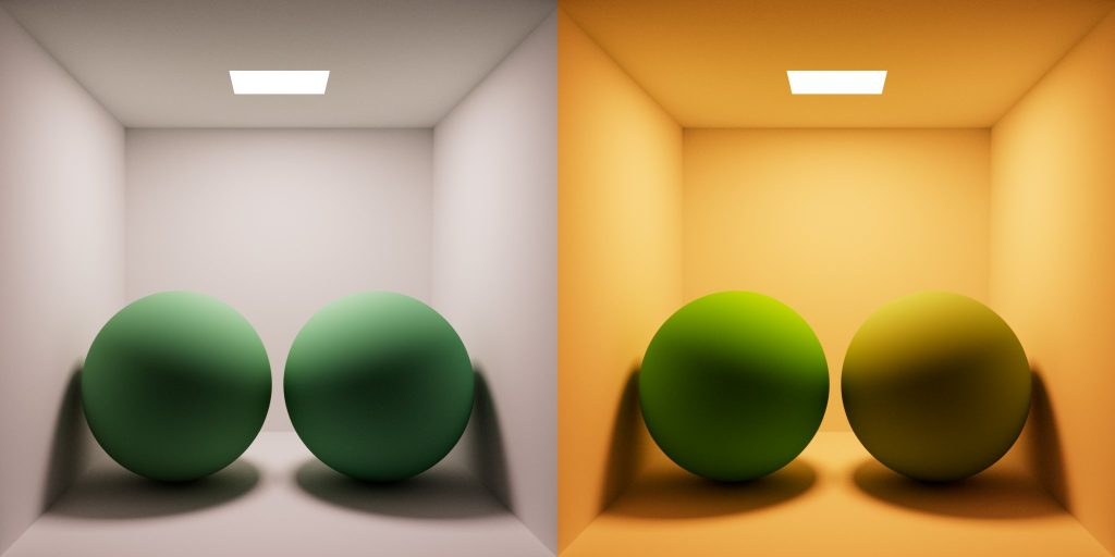dos esferas que muestran la muestran la misma apariencia de color bajo una luz fría, se ven distintas bajo una luz cálida